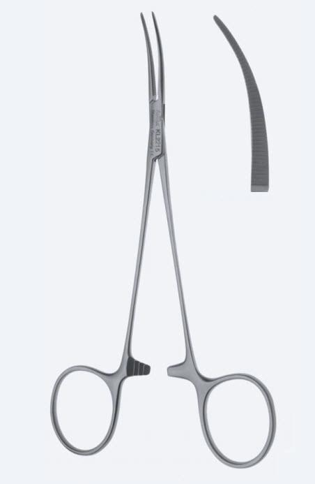 Зажими гемостатичні, "Micro-Jacobson", дуже делікатні, вигнуті, зубчаті щелепи, з кремальєрою, довжина 150 мм. Бренд - Asanus Medizintechnik Gmb, Німеччина